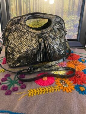 Patricia Nash Metallic Woven Leather Crossbody Bag with Tassel - Gold